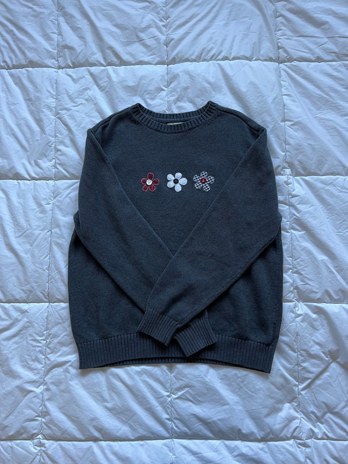 Grey Button Flower Sweater