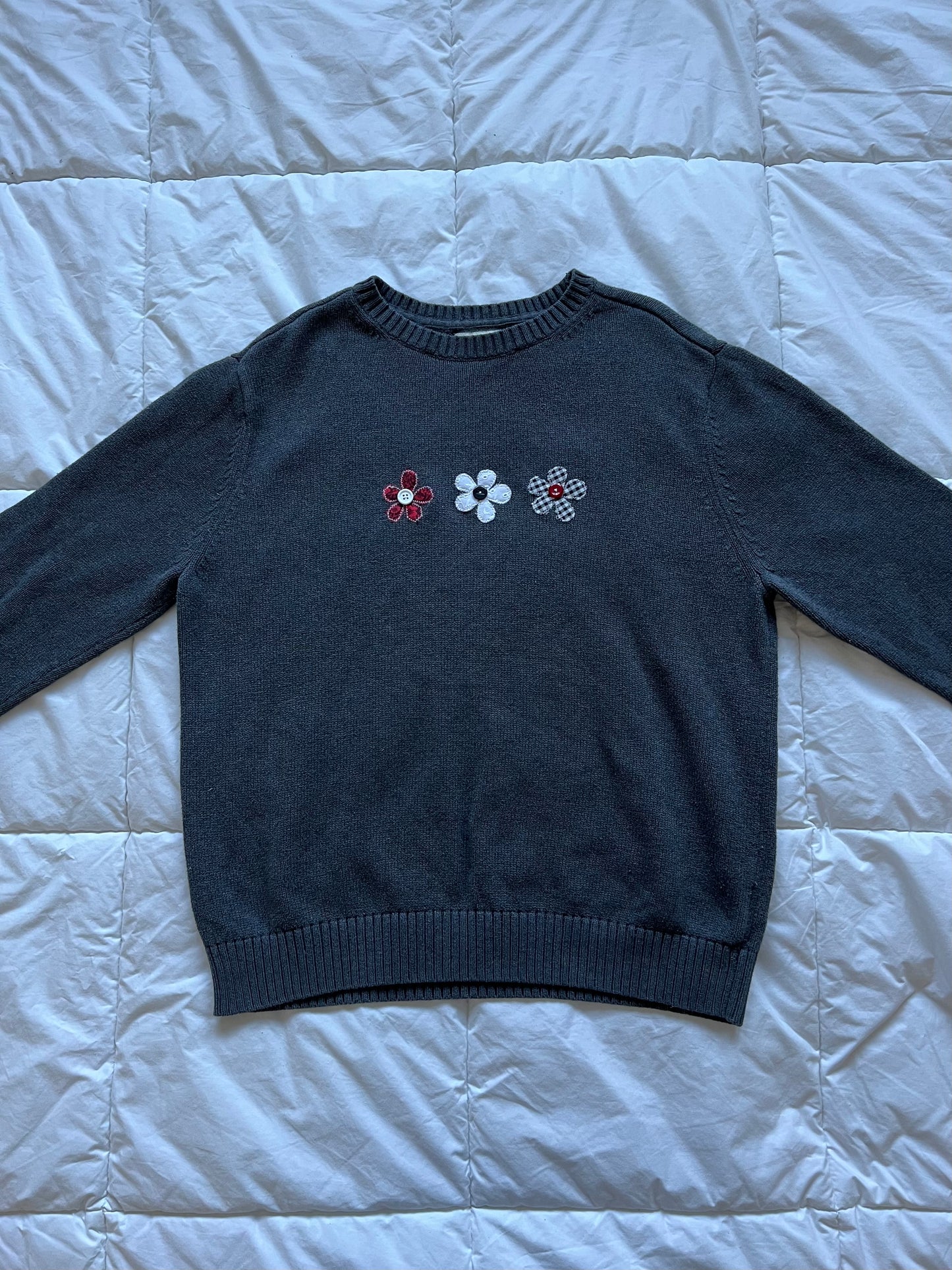 Grey Button Flower Sweater