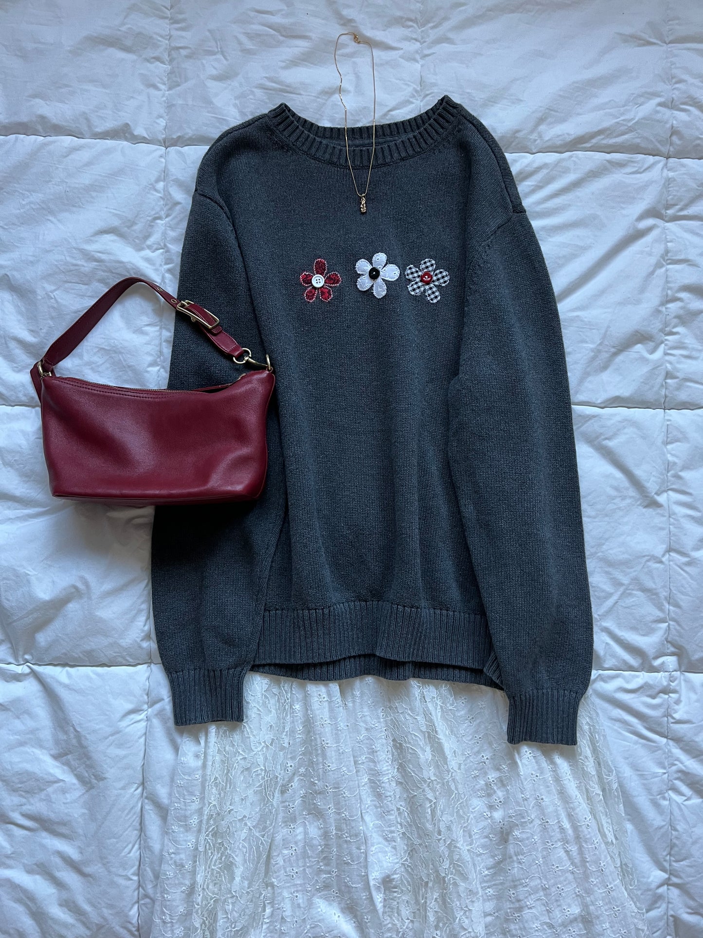 Grey Button Flower Sweater